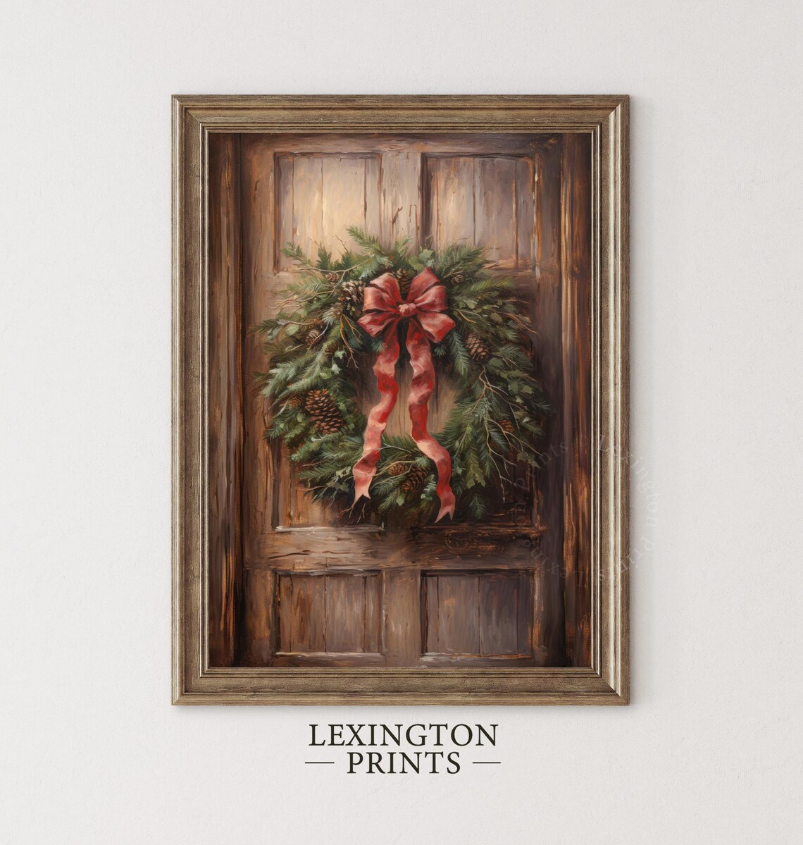 Christmas Wreath with Red Velvet Bow on Rustic Wooden Door Poster - Image 2