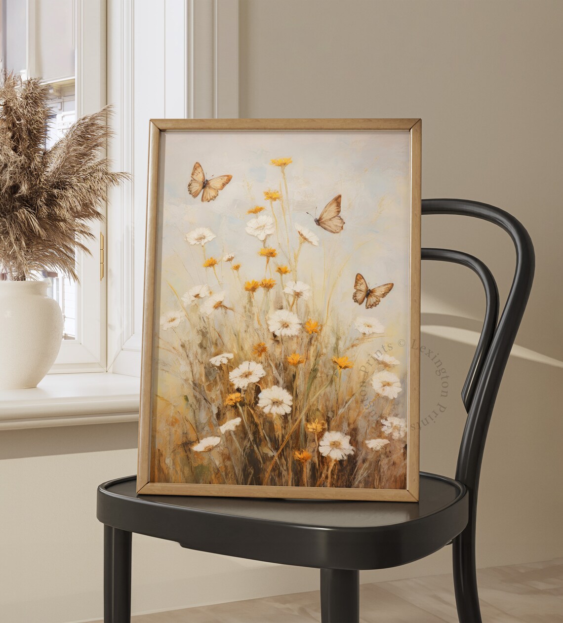 Butterflies Among White Daisies Wildflowers Soft Neutral Botanical Poster - Image 7