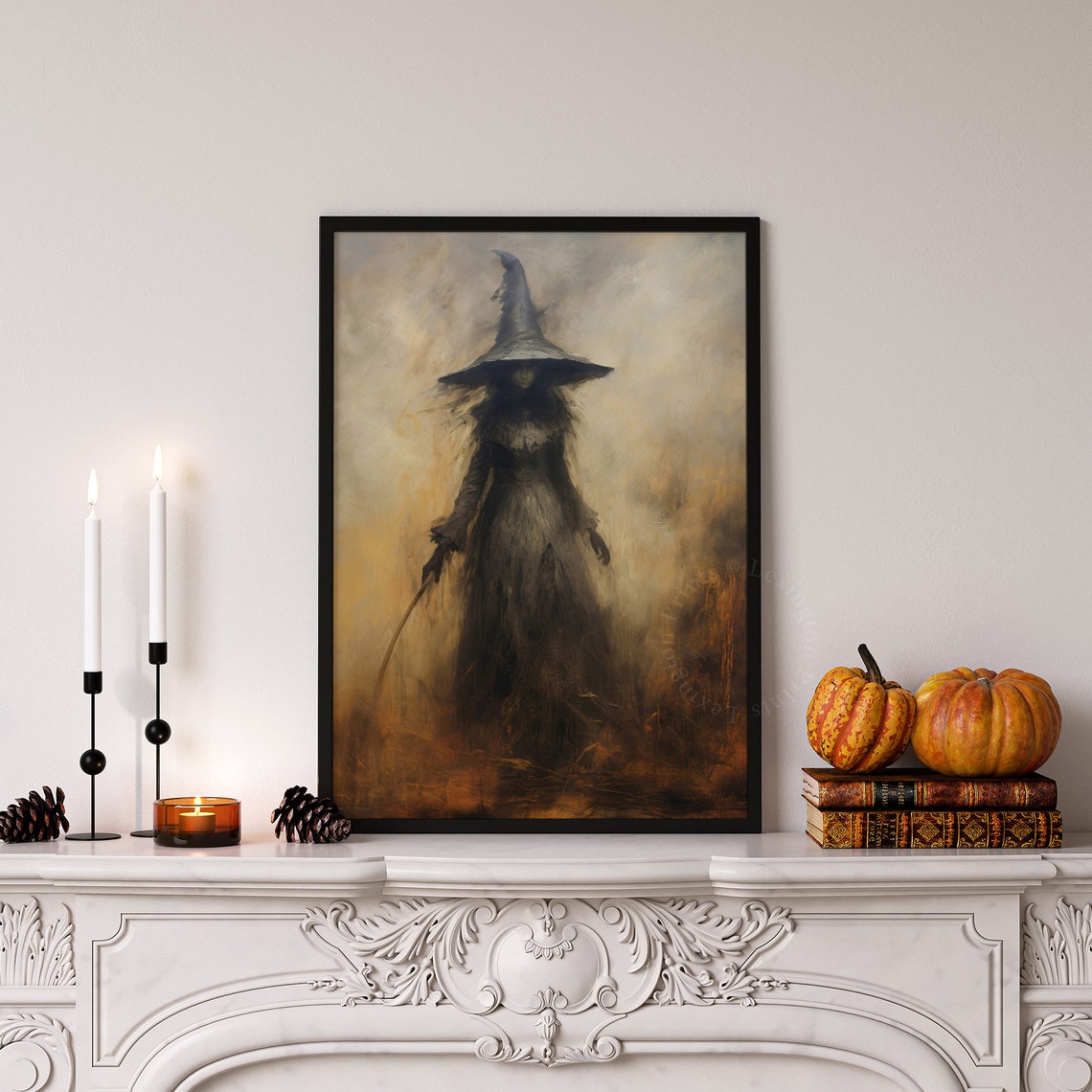 Shadowy Tall-Hatted Witch Walking Through Misty Golden Field Poster - Image 6