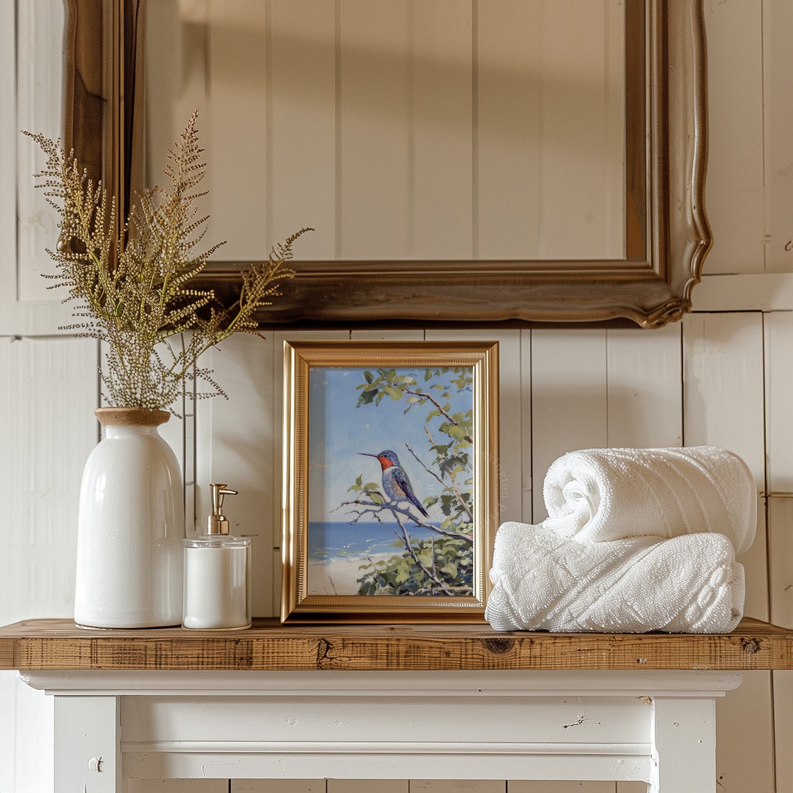 Ruby Throated Hummingbird on Branch Over Ocean Painting Poster - Image 3