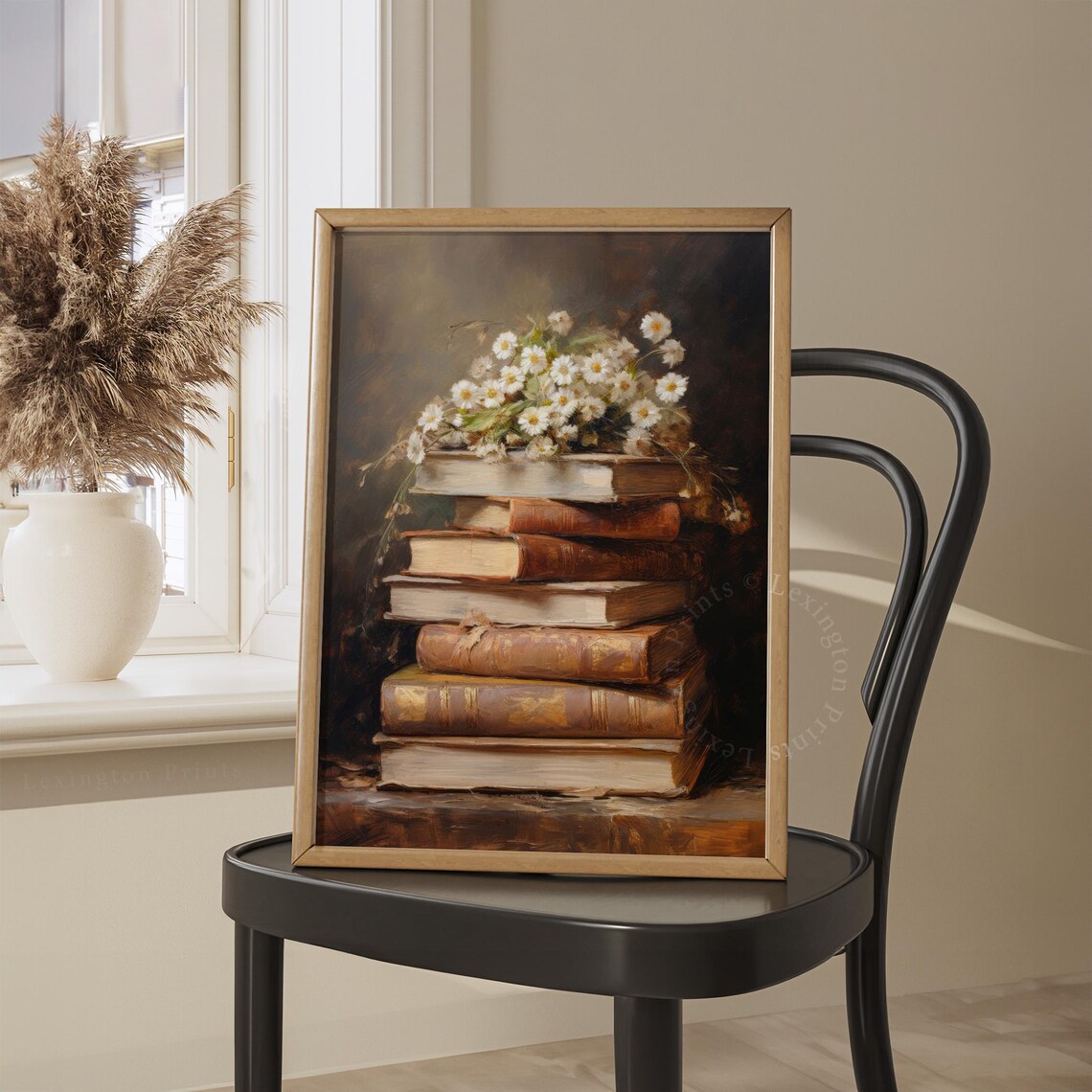 Vintage Stack of Books and White Daisy Bouquet Still Life Poster - Image 3