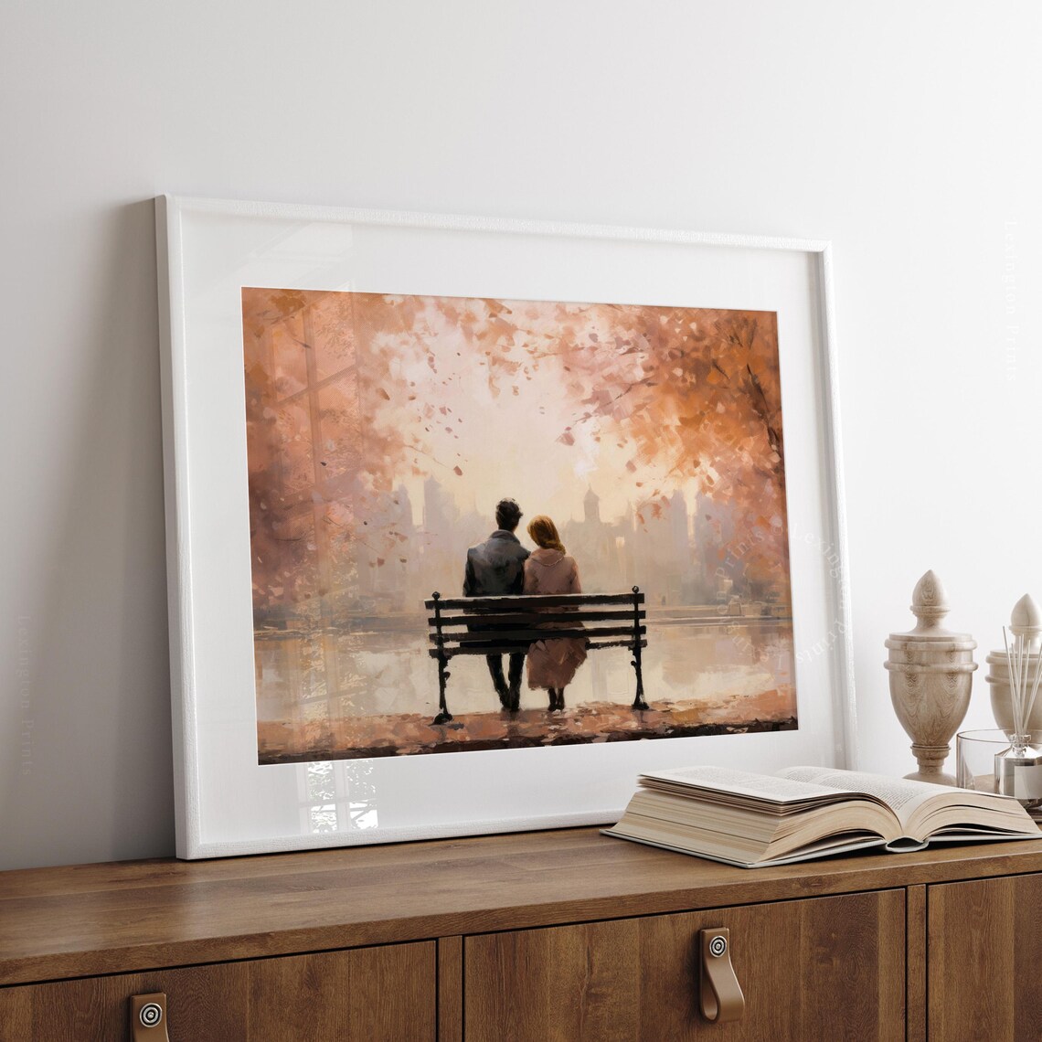 Romantic Couple on Park Bench Autumn City Skyline Watercolor Print