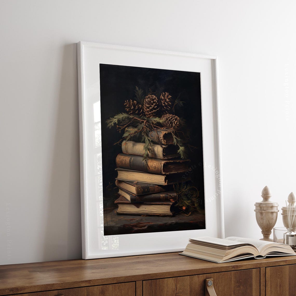 Antique Books Stack Pine Cones Dark Academia Still Life Poster - Image 3