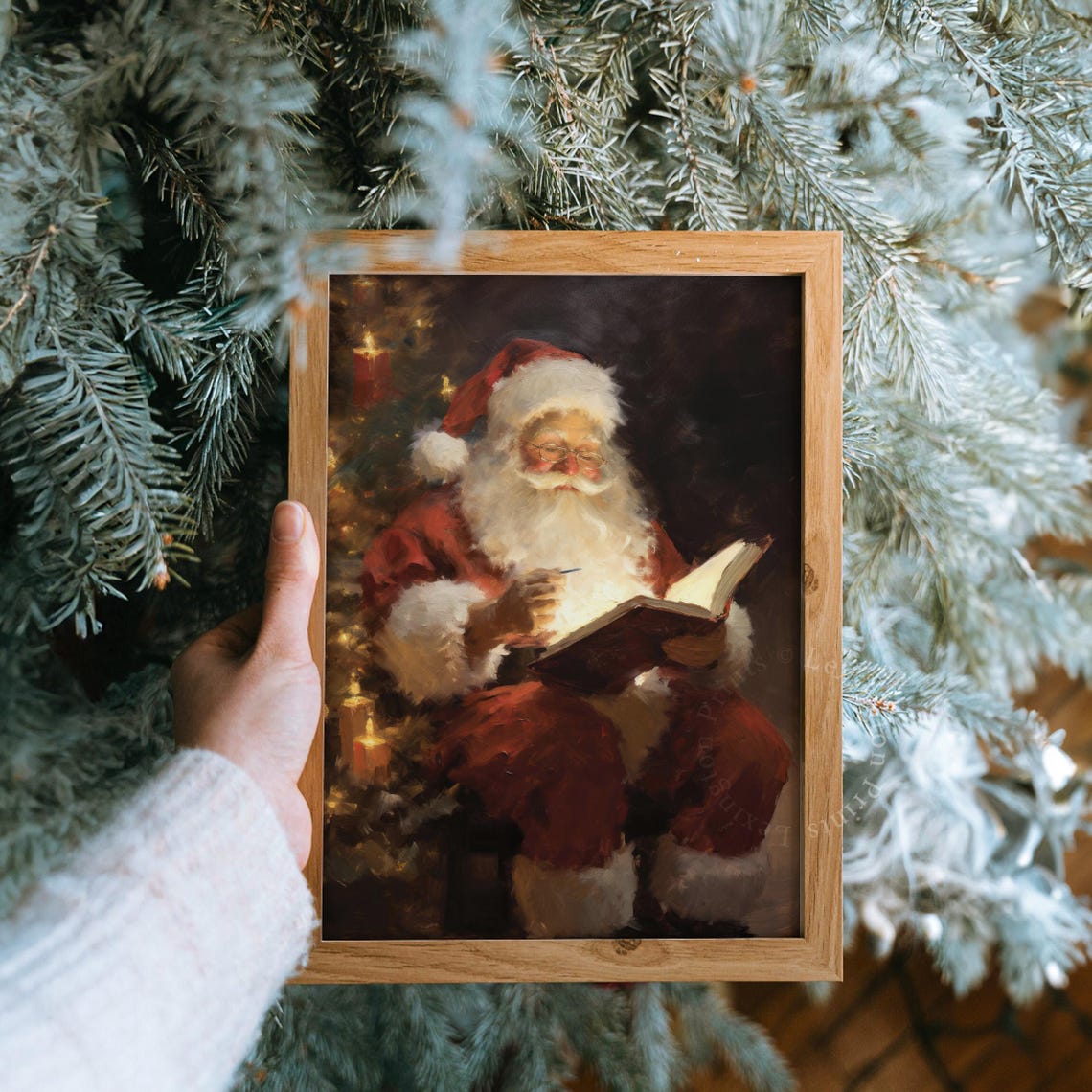 Santa Claus Reading Glowing Book Candlelit Christmas Tree Night Poster - Image 8