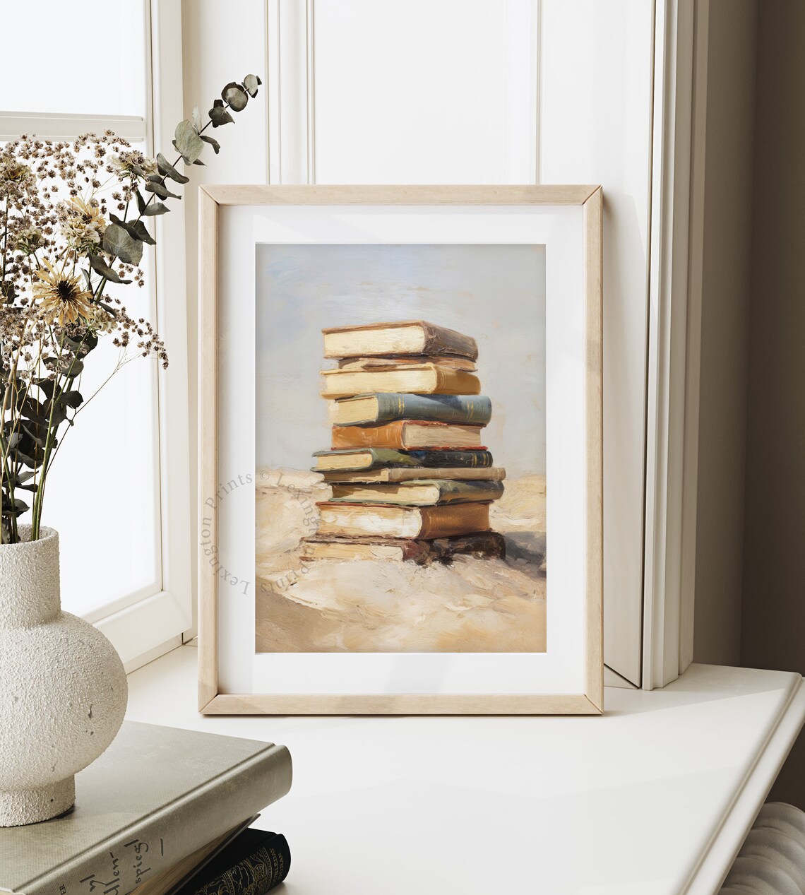 Vintage Stack of Old Books on Beach Sand Book Lover Painting Poster - Image 8