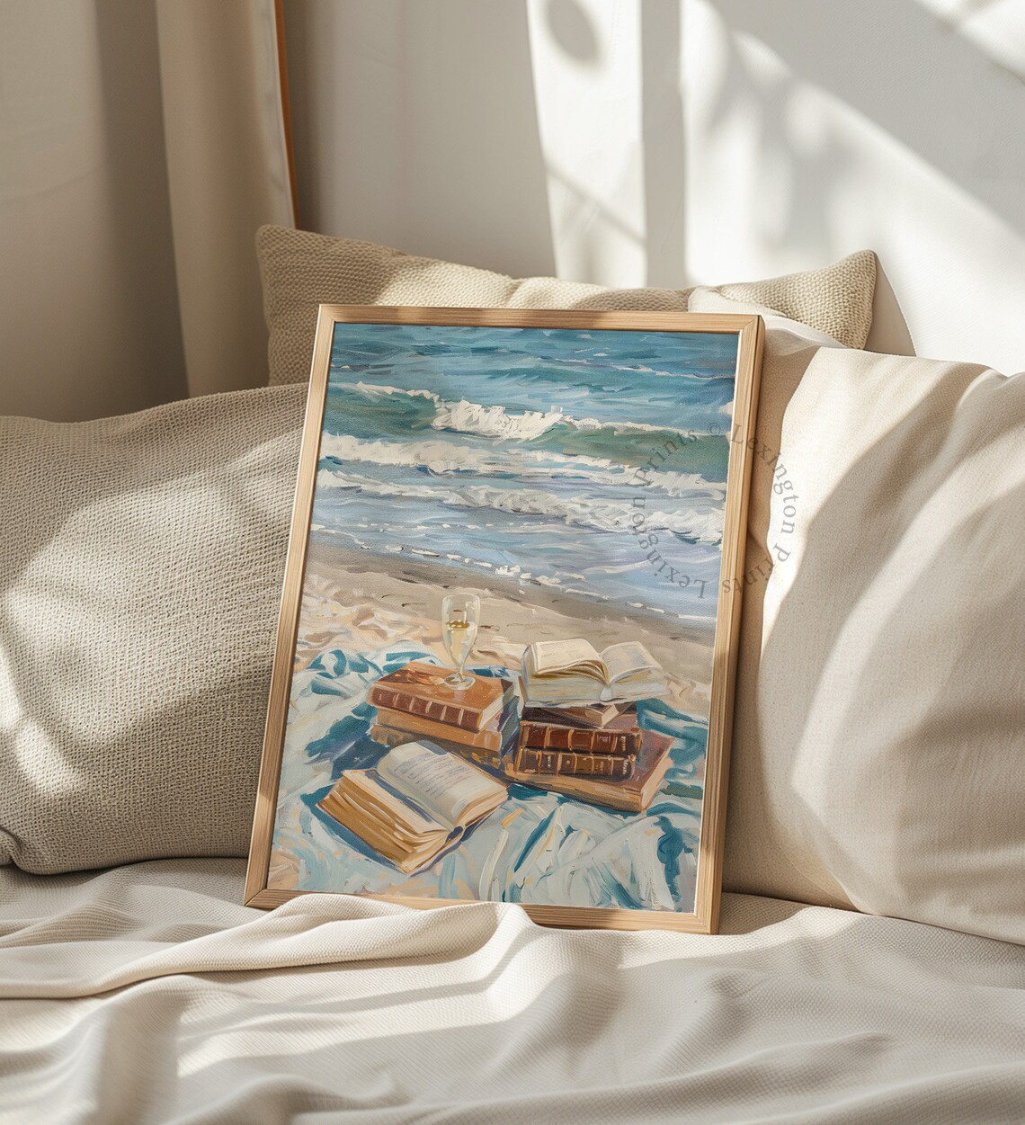 Books and Wine on the Beach Coastal Summer Oil Painting Poster - Image 4