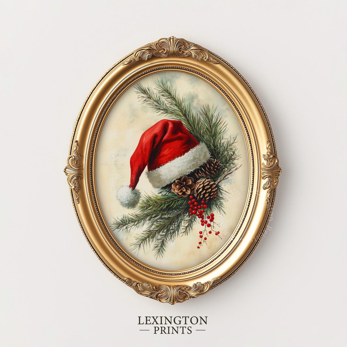 Santa Hat with Pine Branches and Pinecones Christmas Painting Poster - Image 6