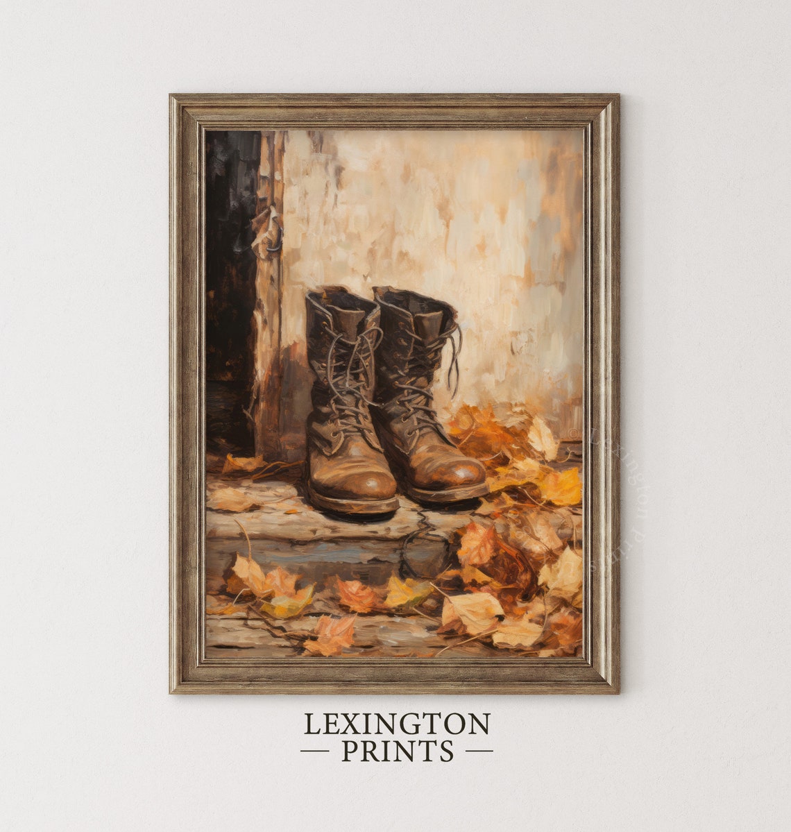 Worn Leather Work Boots Doorway Autumn Leaves Rustic Still Life Poster - Image 3