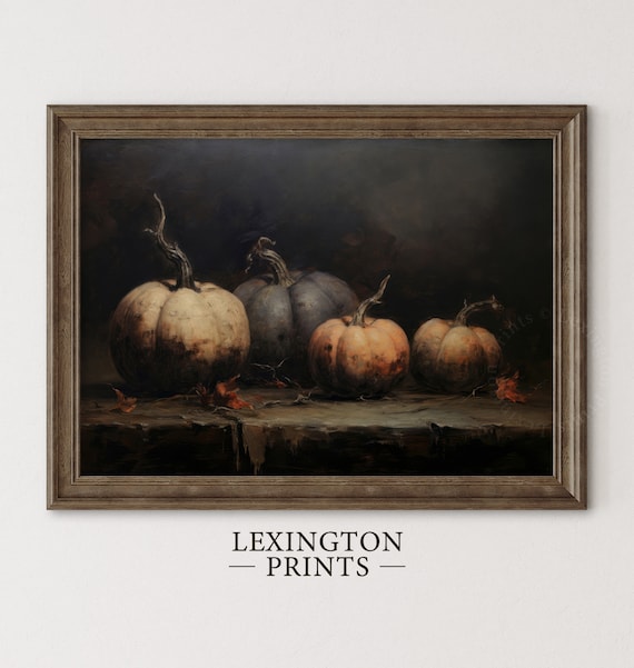 Dark Moody Pumpkin Still Life Autumn Harvest Oil Painting Poster
