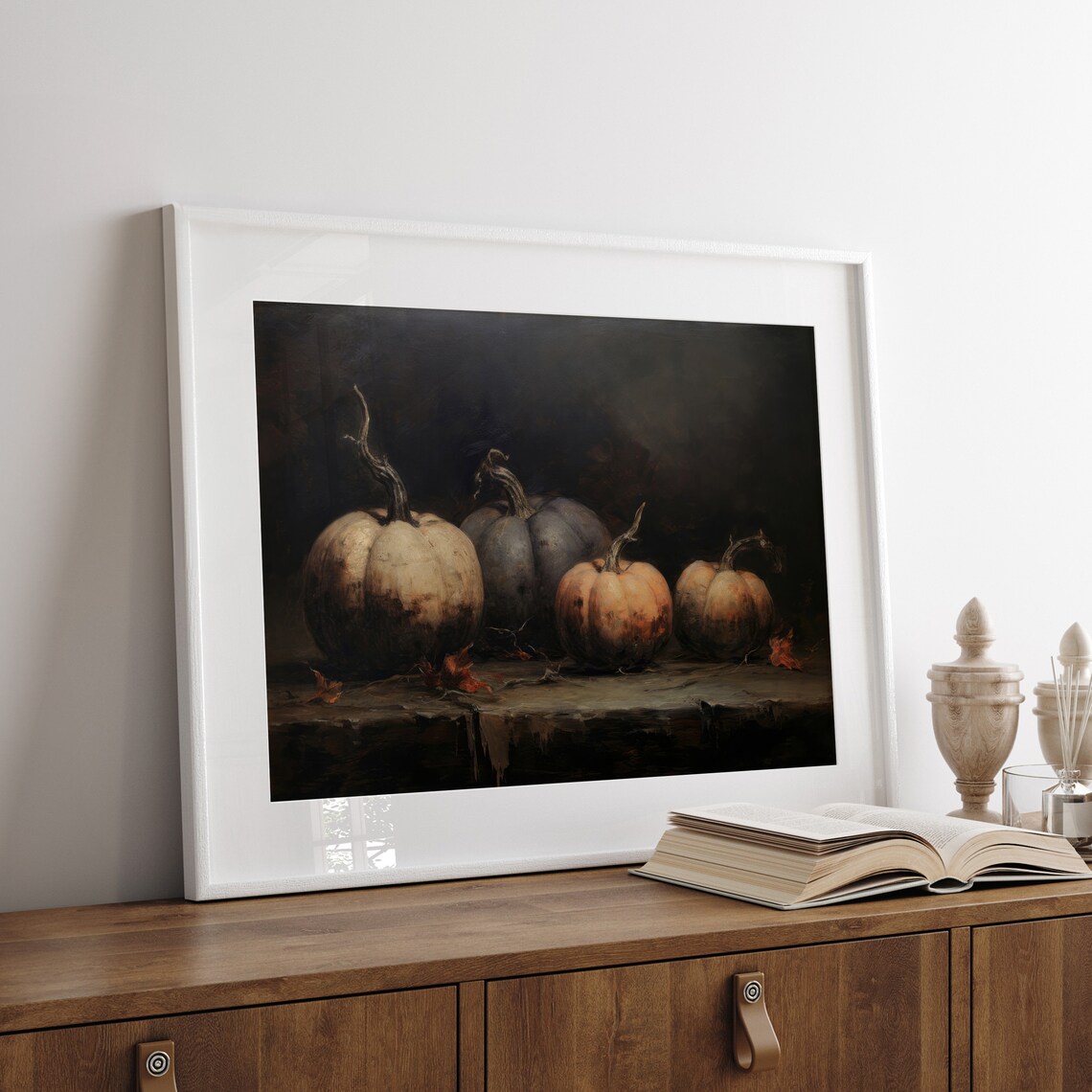 Dark Moody Pumpkin Still Life Autumn Harvest Oil Painting Poster - Image 4