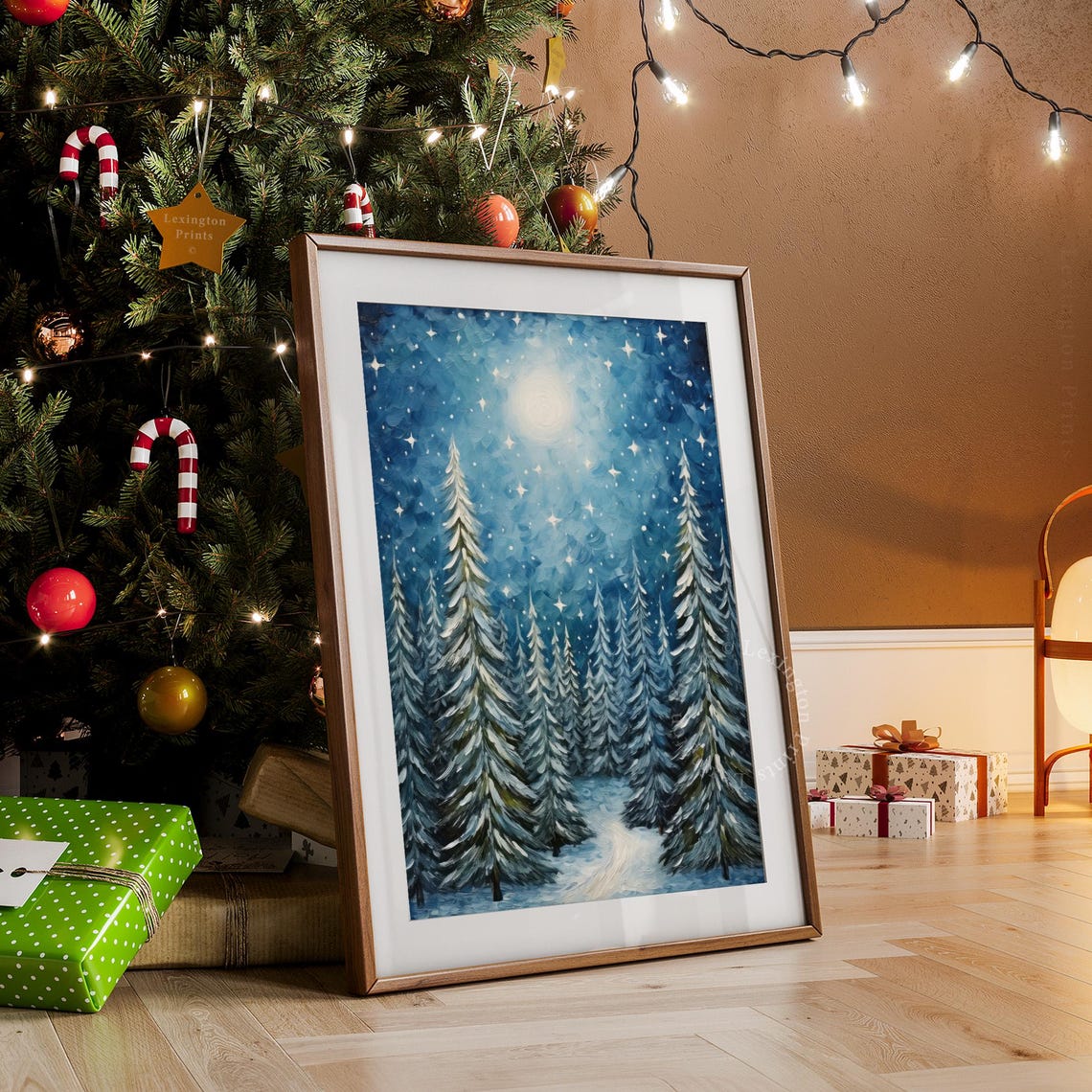Starry Night Winter Forest with Snowy Pines Christmas Moon Wall Art - Image 7