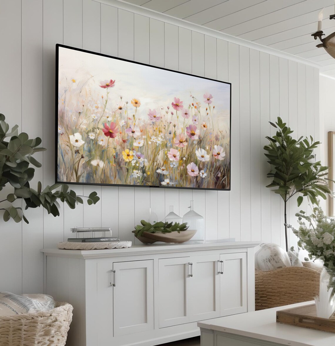 Wildflower Meadow Pink Cosmos Daisies Spring Floral Painting Poster - Image 3