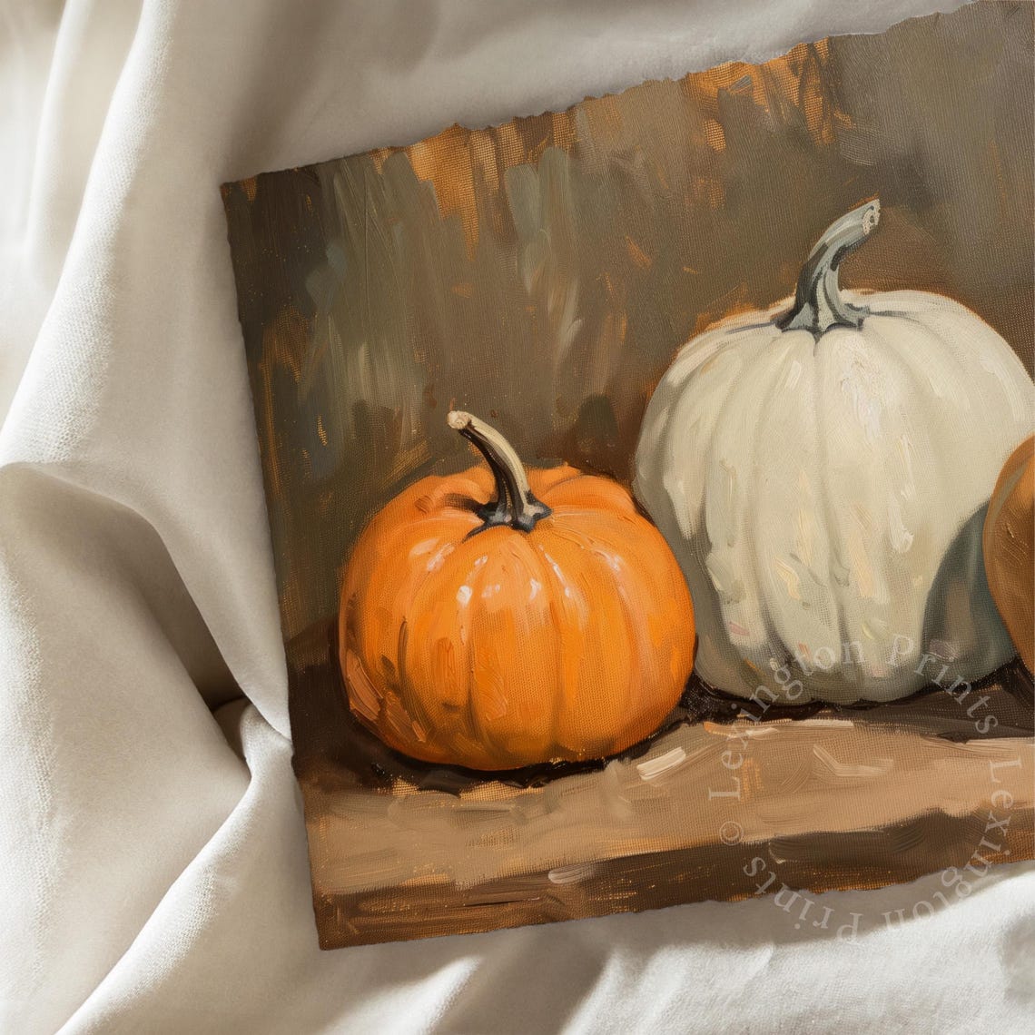 Three Orange and White Pumpkins Still Life Oil Painting Fall Poster - Image 6