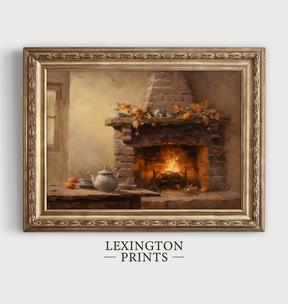 Stone Fireplace with Fire and Autumn Mantel Cozy Fall Interior Poster - Image 5