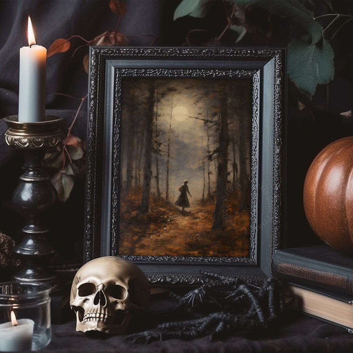 Moonlit Forest Path Lone Figure Moody Autumn Night Painting Poster - Image 3