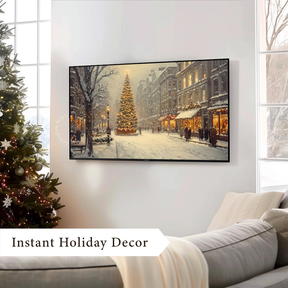 Snowy Victorian Street With Giant Lit Christmas Tree At Night Poster - Image 7