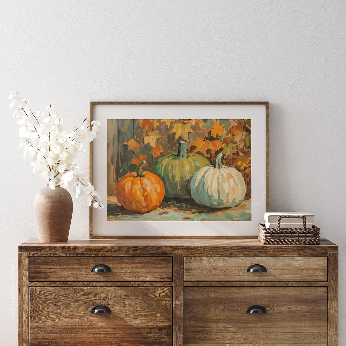 Three Pumpkins Still Life with Autumn Leaves Oil Painting Poster - Image 5