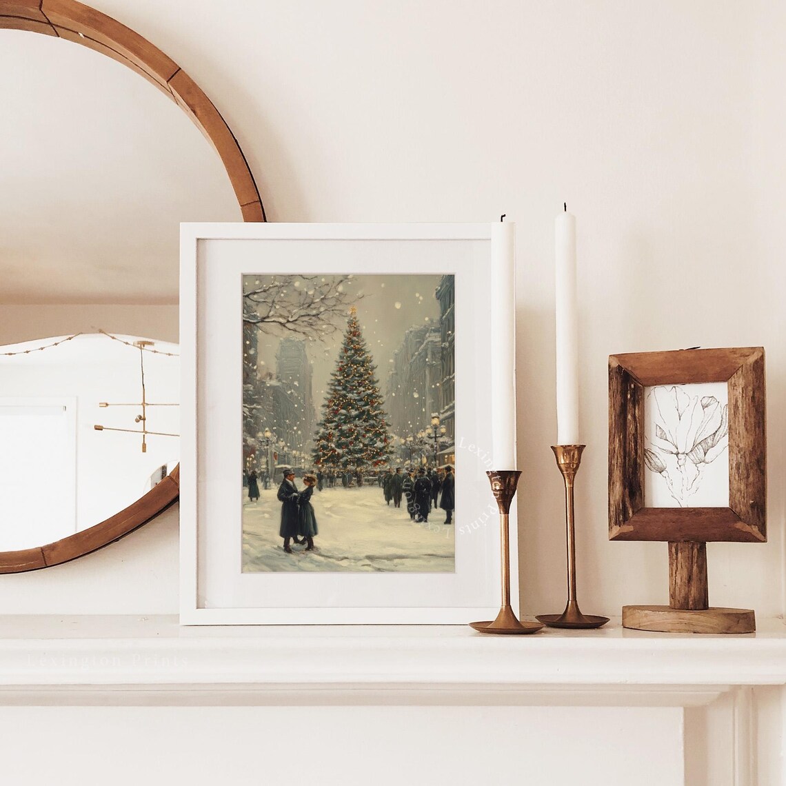 Snowy City Christmas Tree Vintage Couple Winter Painting Poster - Image 3