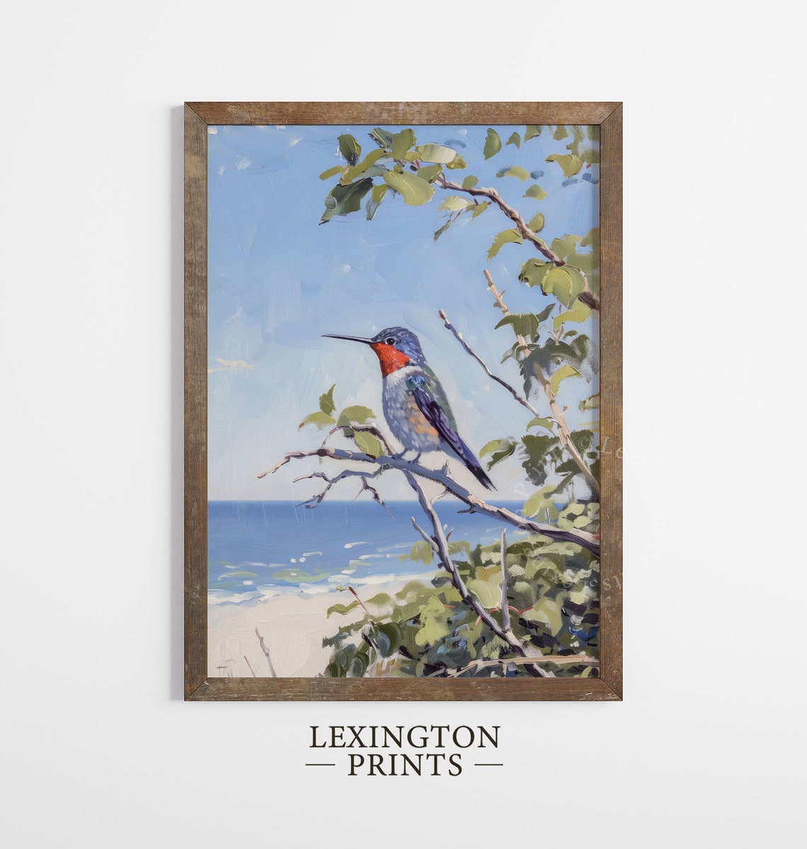 Ruby Throated Hummingbird on Branch Over Ocean Painting Poster - Image 5
