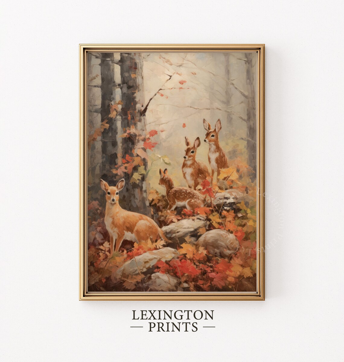 Fawn Family Among Red Autumn Leaves Misty Forest Fall Wildlife Wall Art - Image 5