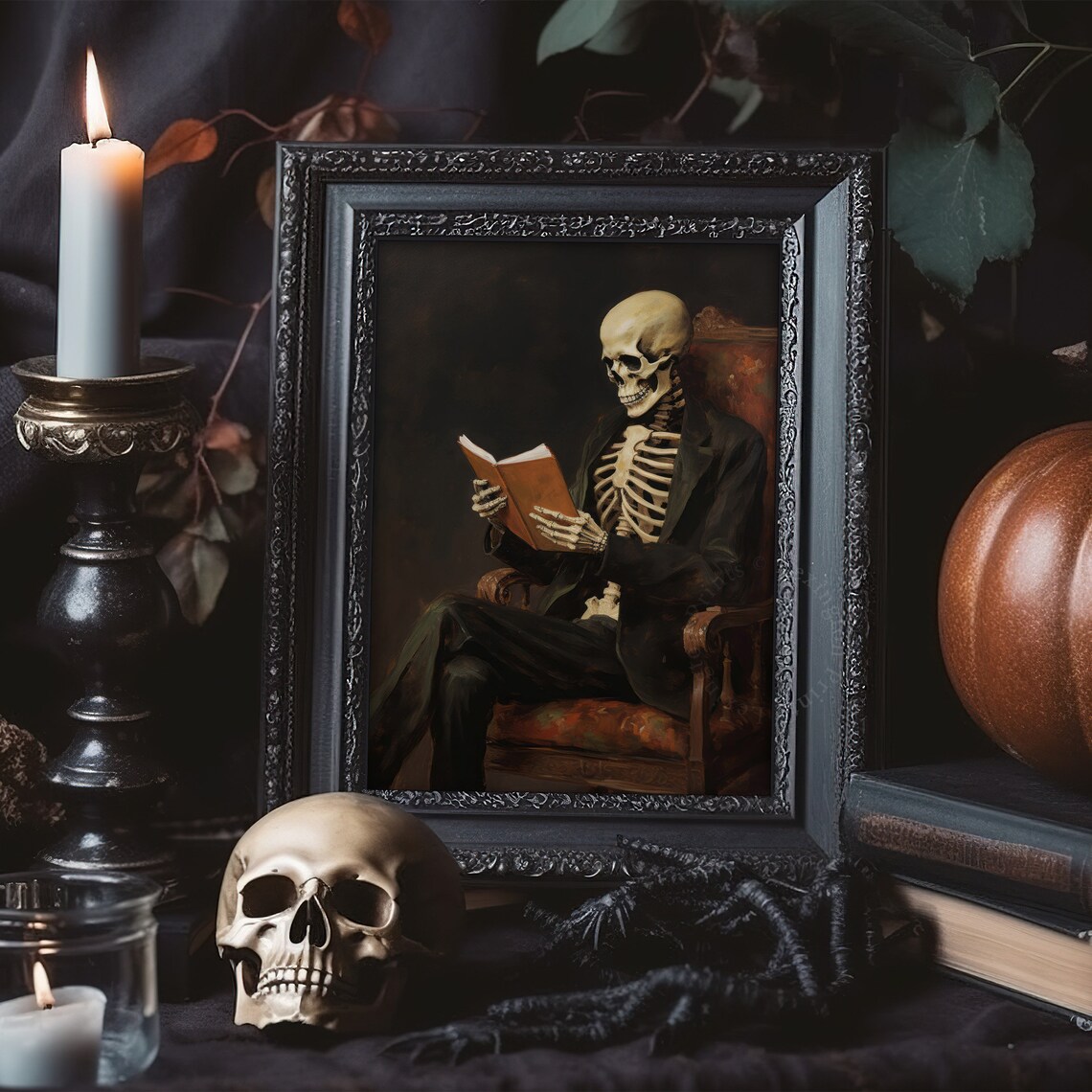 Skeleton Reading Book in Leather Armchair Moody Halloween Wall Art - Image 6