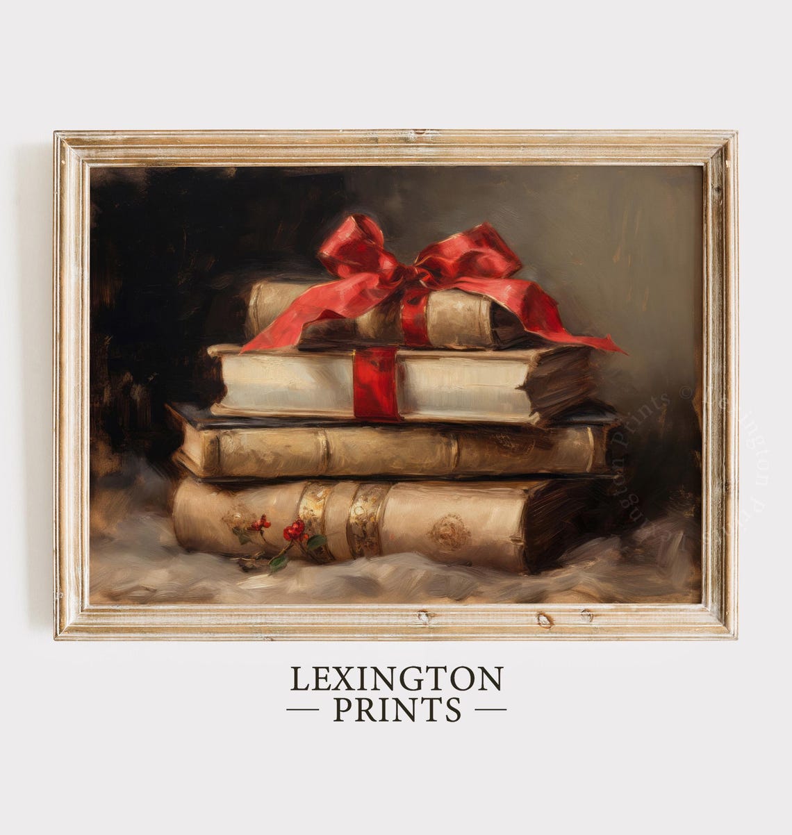 Christmas Book Stack Red Bow Vintage Holiday Still Life Poster