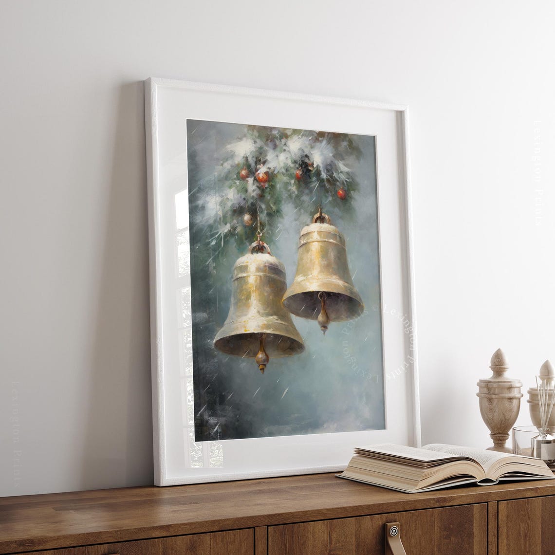 Large Brass Bells on Snowy Evergreen Bough Misty Winter Holiday Poster - Image 3