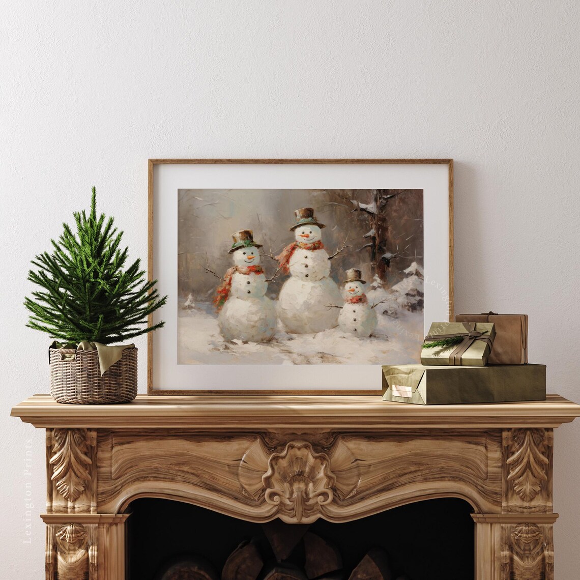 Snowman Family Trio Vintage Christmas Winter Oil Painting Poster - Image 3