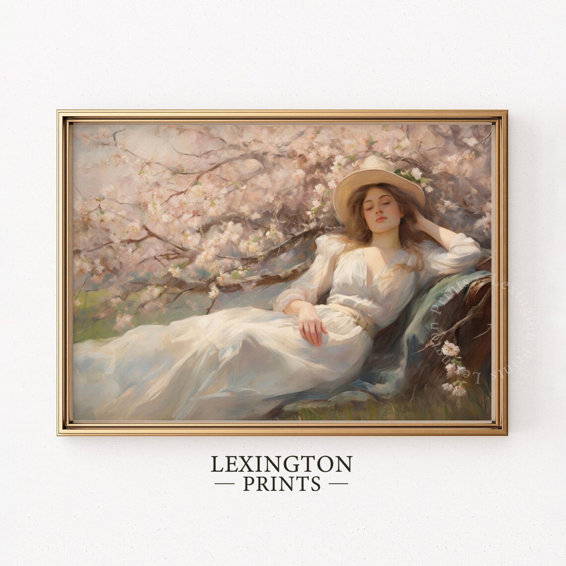 Woman Resting Under Cherry Blossom Tree in White Dress Spring Poster - Image 5