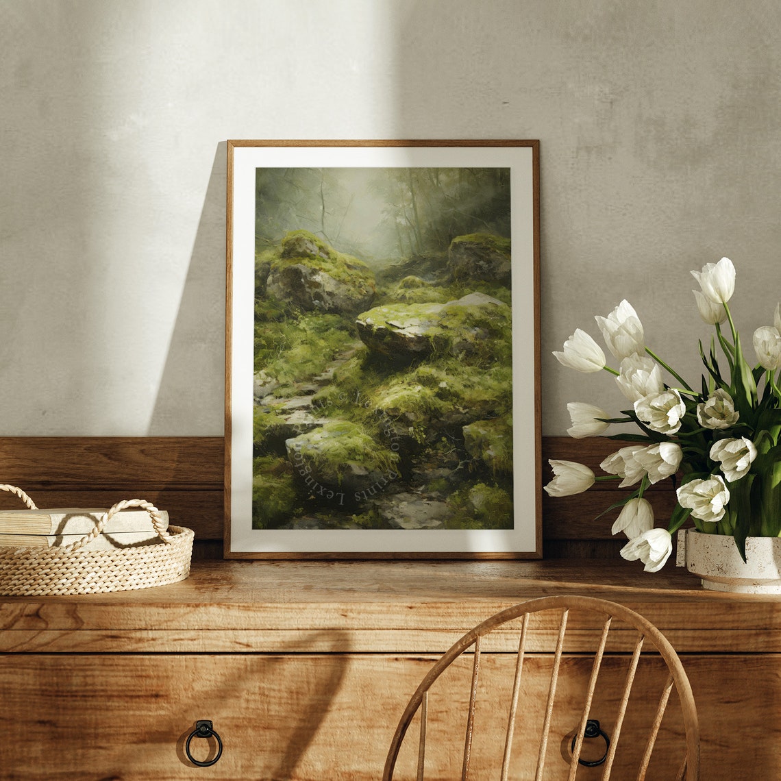 Misty Forest Stream With Moss-Covered Rocks Nature Landscape Poster - Image 2