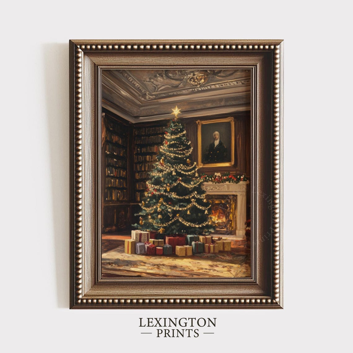 Dark Academia Christmas Tree Library Fireplace Oil Painting Poster - Image 6