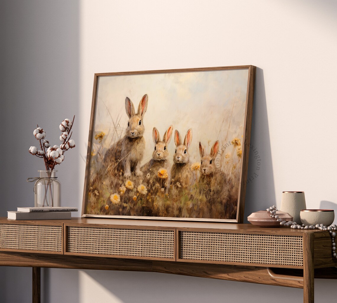 Four Bunnies in Spring Meadow with Yellow Flowers Vintage Wall Art - Image 7
