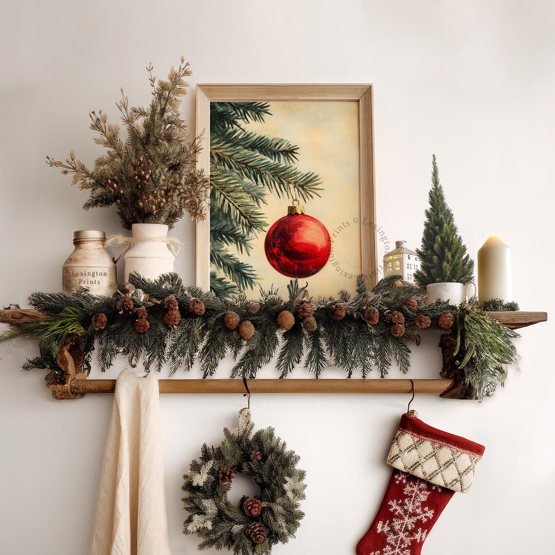 Single Red Christmas Ornament on Pine Branch Minimalist Vintage Poster - Image 7