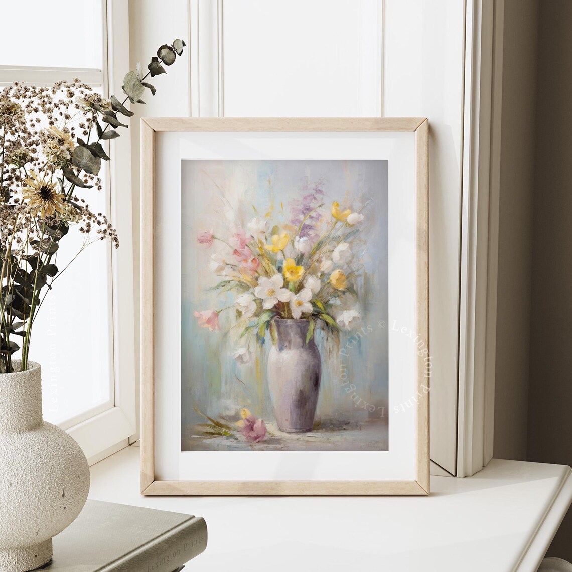 Pastel Spring Flowers Still Life Grey Vase Soft Impressionist Floral Poster - Image 3