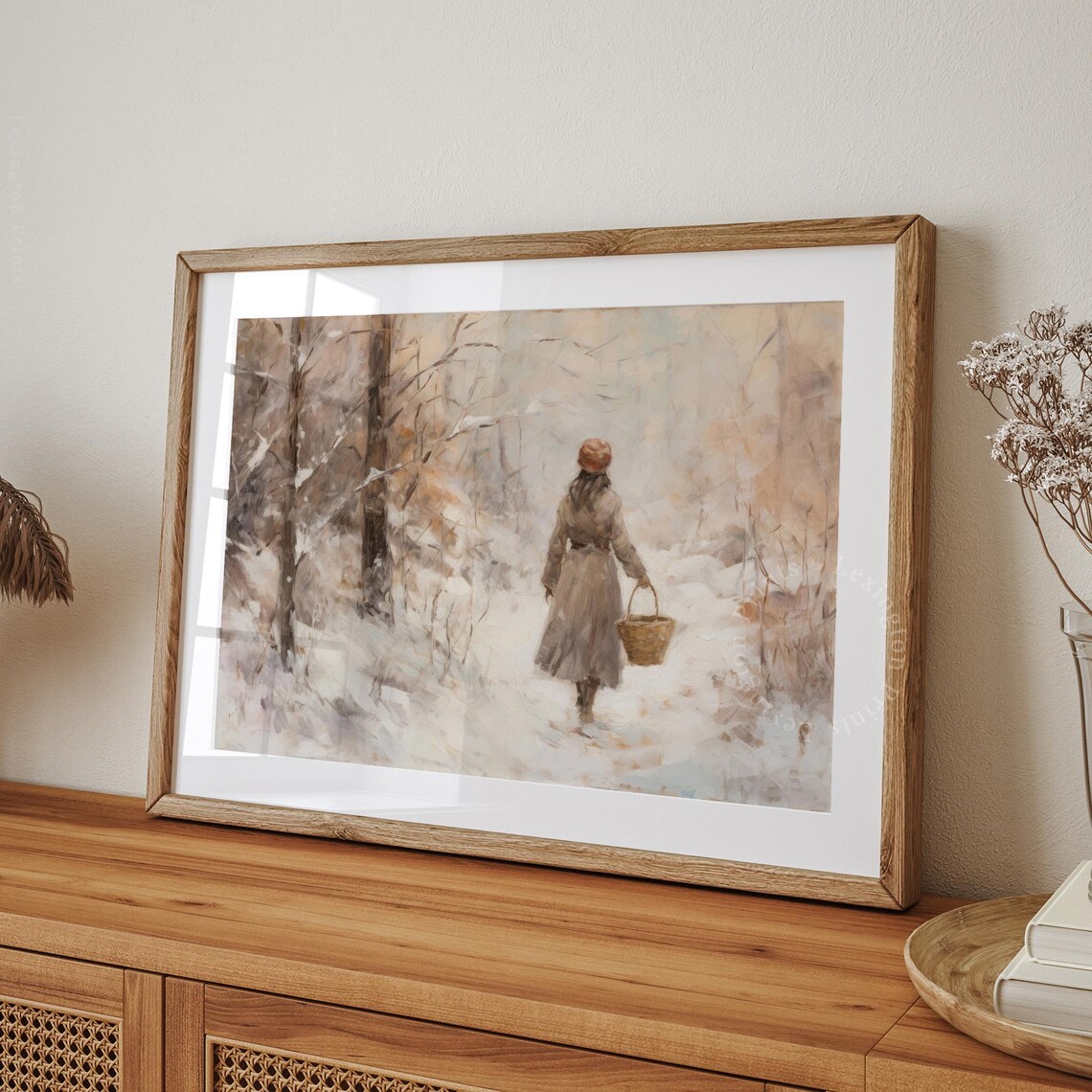 Girl With Basket Walking Snowy Forest Path Winter Scene Art Print - Image 8