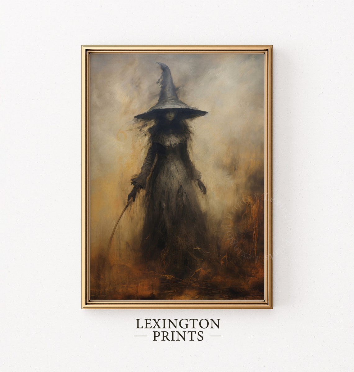 Shadowy Tall-Hatted Witch Walking Through Misty Golden Field Poster - Image 2