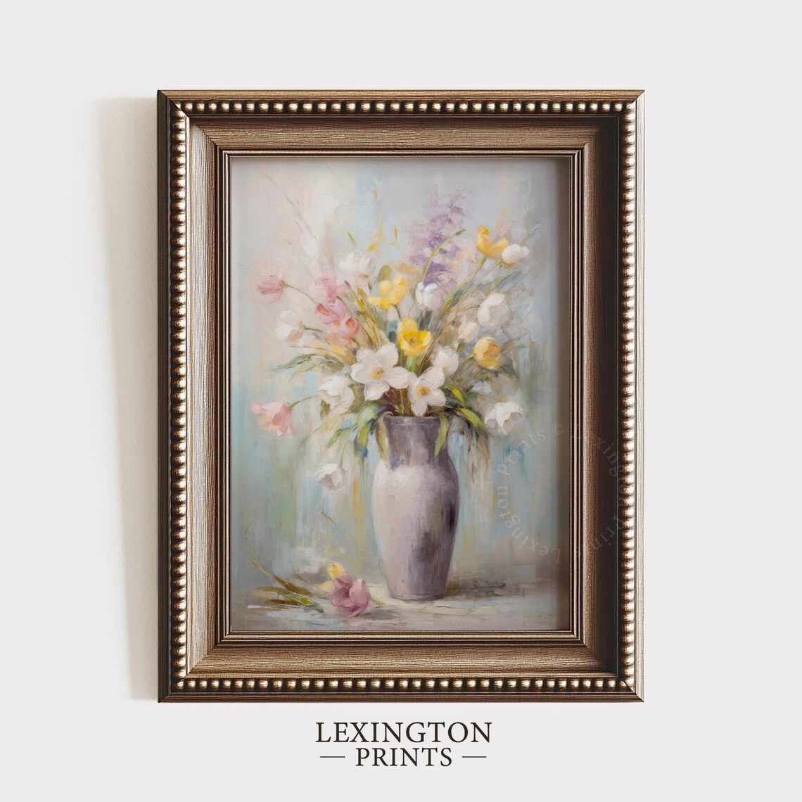 Pastel Spring Flowers Still Life Grey Vase Soft Impressionist Floral Poster - Image 4