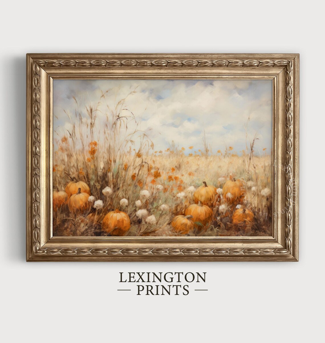 Pumpkin Patch in Autumn Field Tall Grass Harvest Season Landscape Poster - Image 2