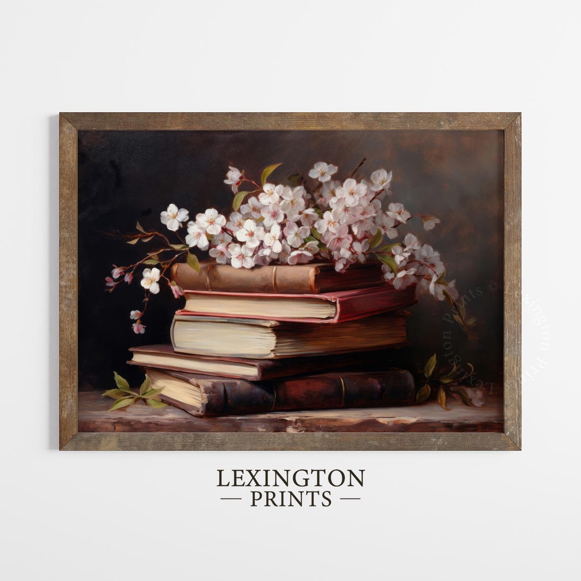 Cherry Blossom Branches Resting on Stack of Old Books Still Life Print - Image 5