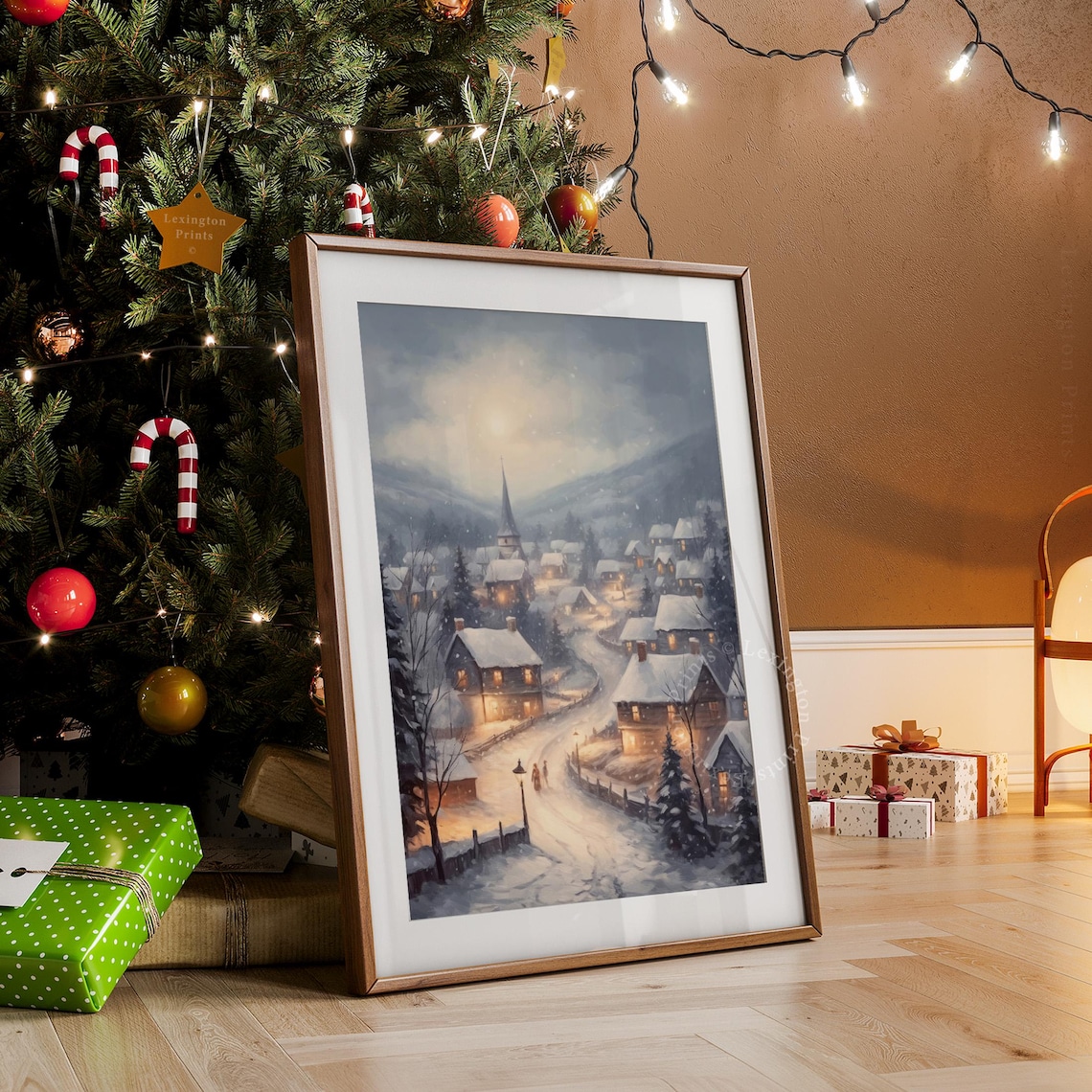Snowy Christmas Village Town Church Night Winter Painting Poster