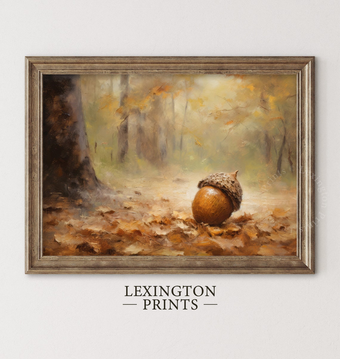 Single Acorn on Autumn Leaves Misty Fall Forest Still Life Poster - Image 2