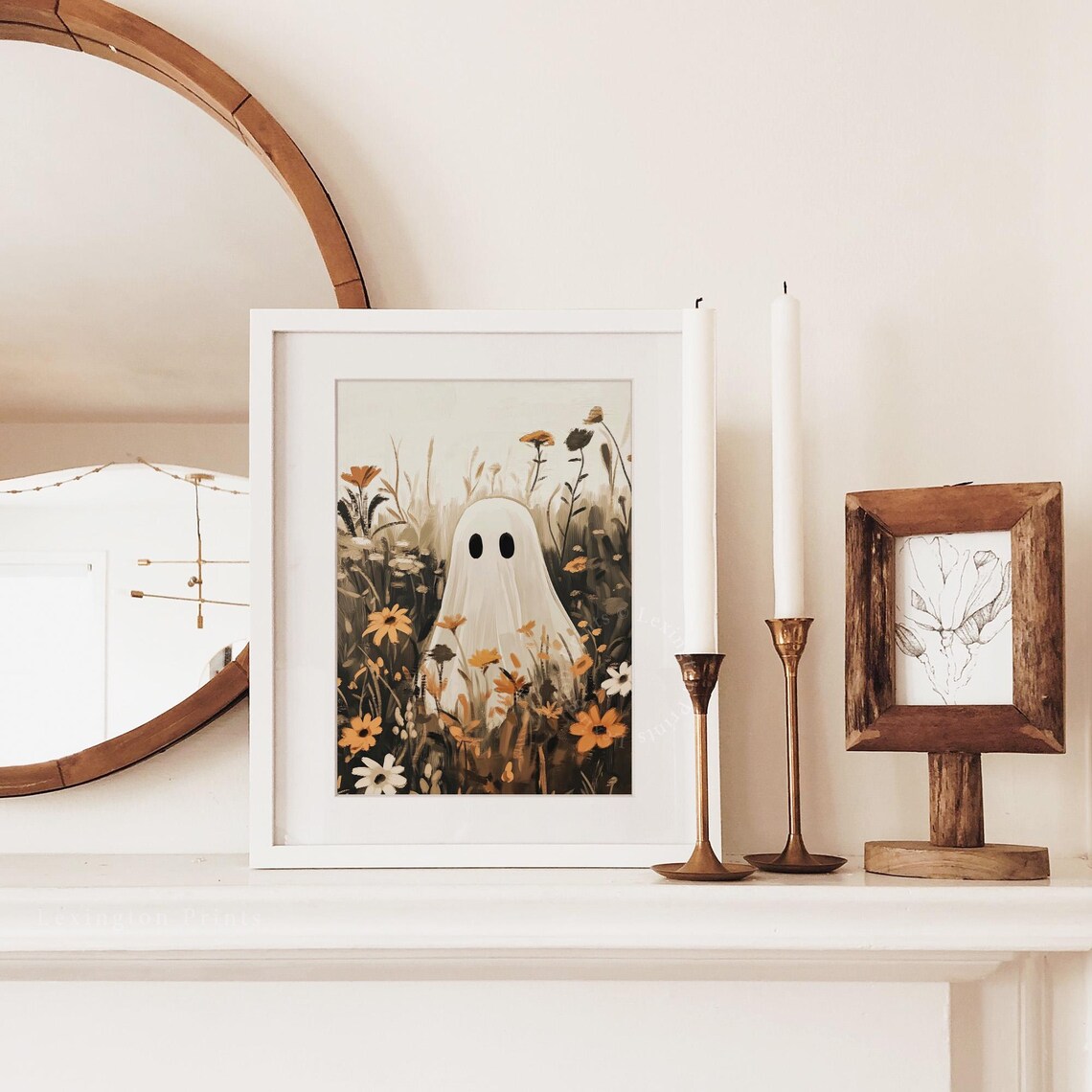 Cute Ghost Hiding in Autumn Wildflower Field Playful Halloween Poster - Image 3