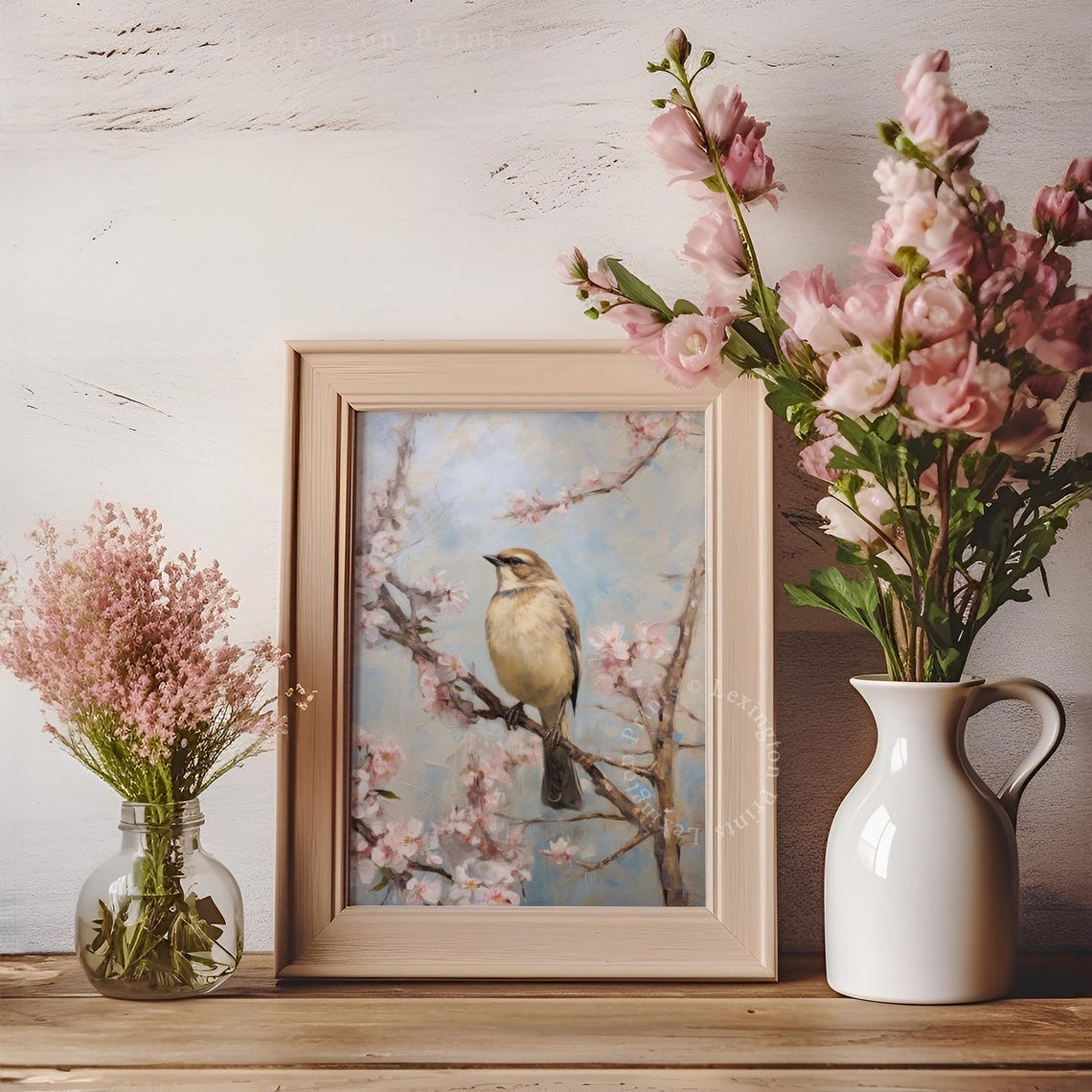 Songbird on Cherry Blossom Branch Spring Pink Floral Bird Art Poster - Image 8