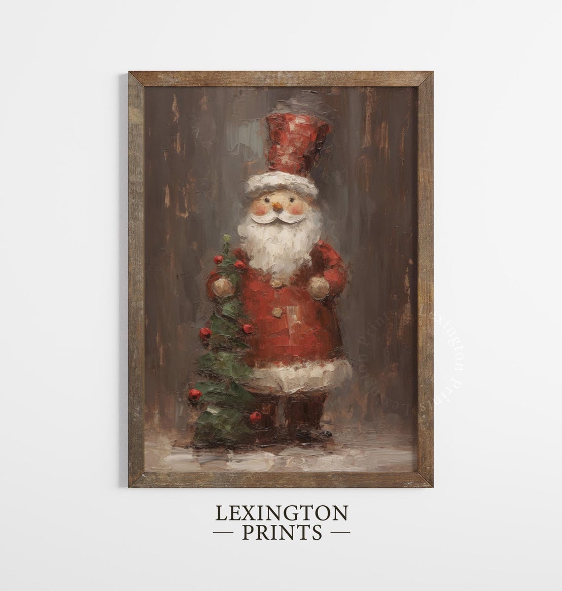 Rustic Folk Art Santa with Tall Red Hat Holding Berry Tree Poster - Image 2