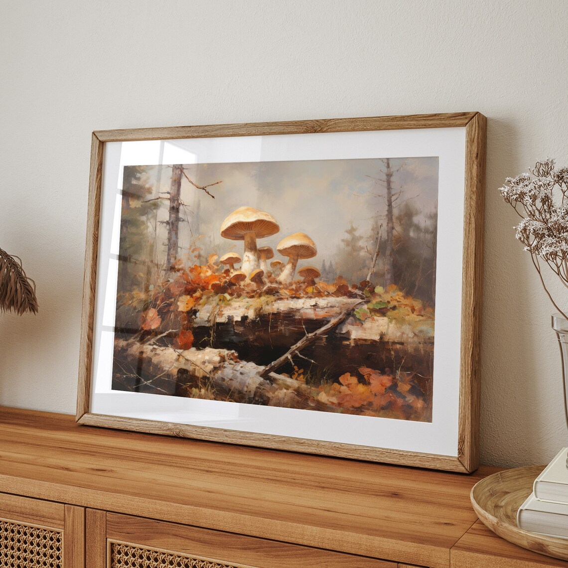 Wild Mushrooms on Fallen Log Misty Forest Oil Painting Nature Poster - Image 7