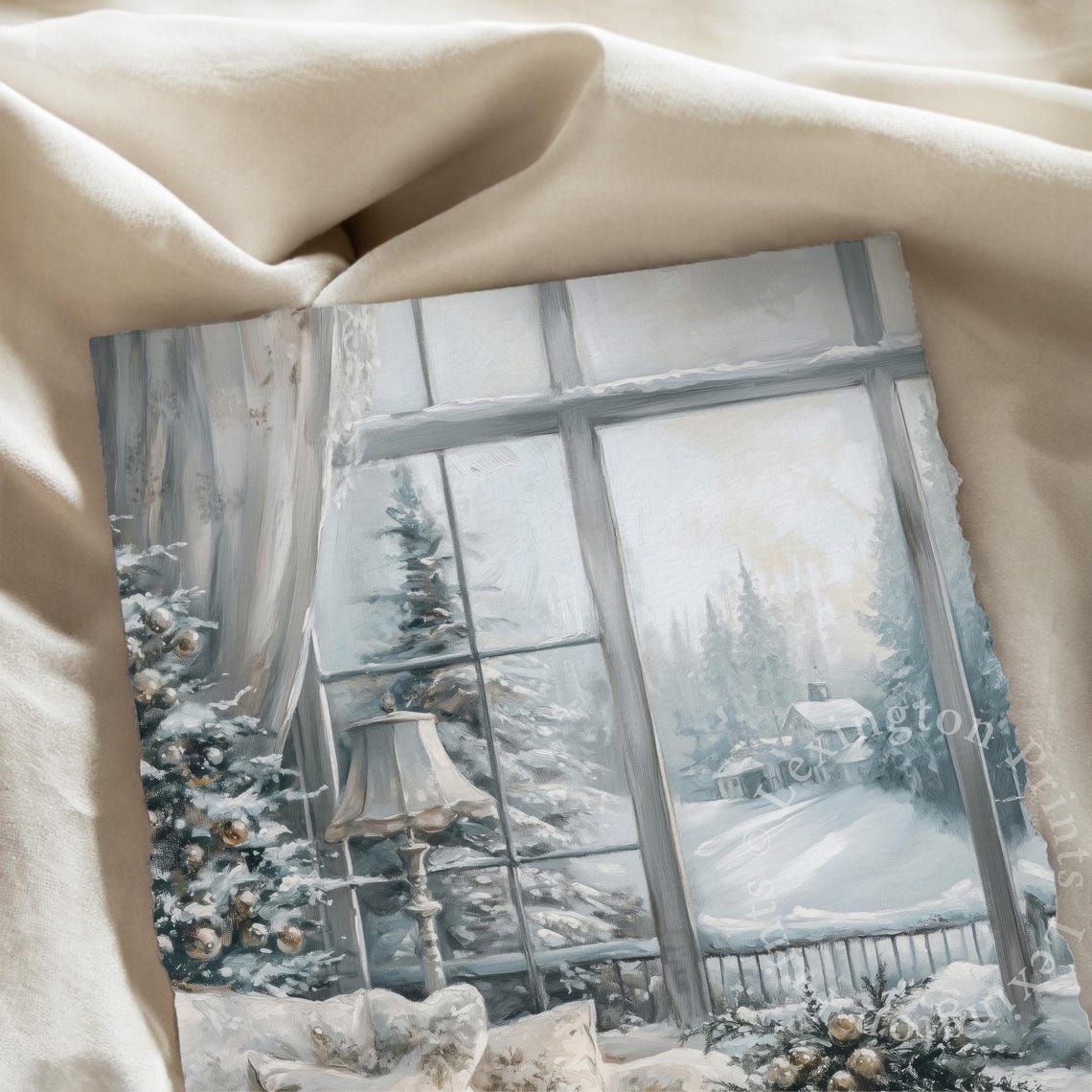 Cozy White Living Room Overlooking Snowy Pine Forest View Poster - Image 7