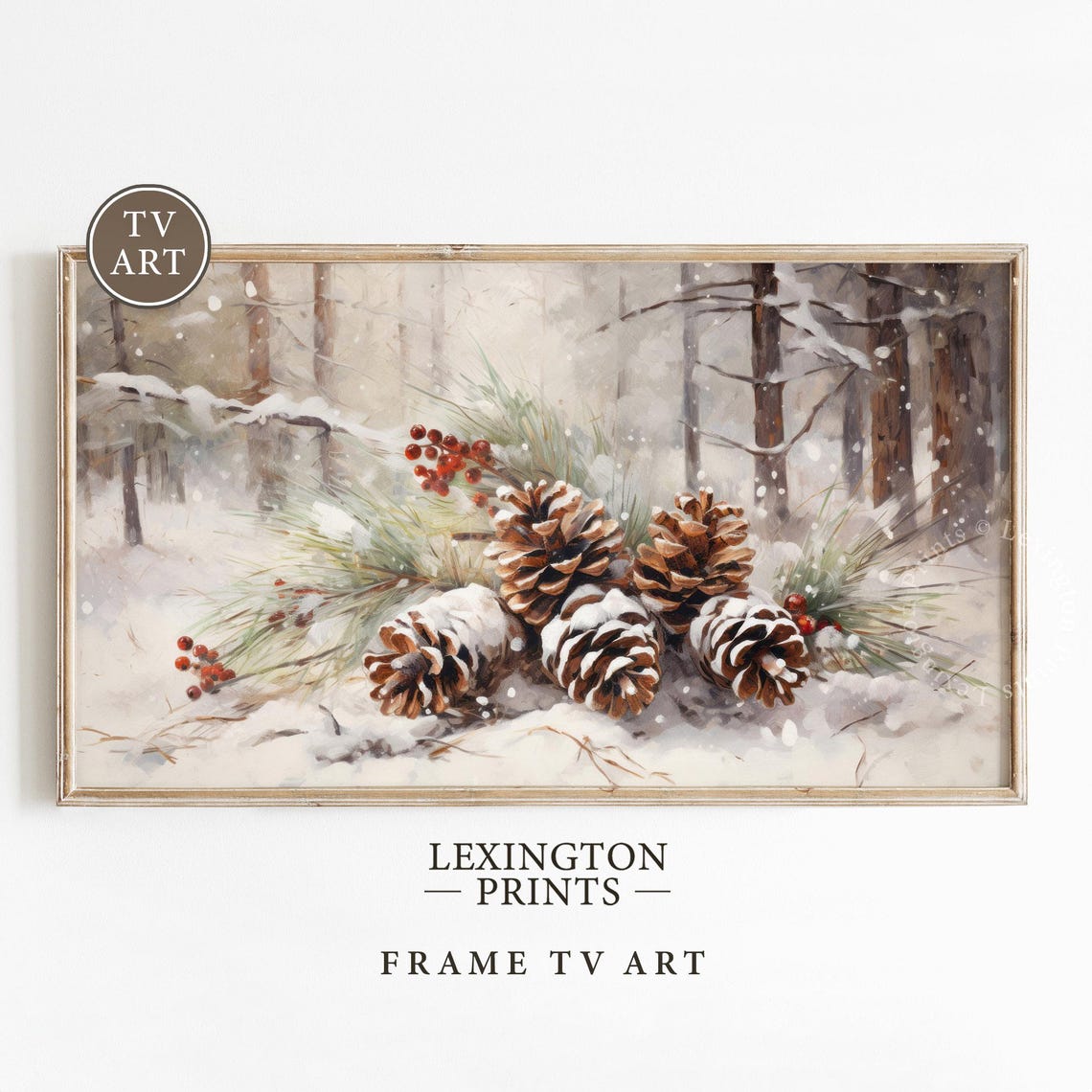Snow Covered Pinecones and Red Berries Winter Forest Scene Poster