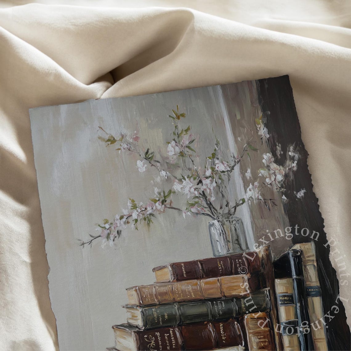 White Blossom Branches on Stack of Antique Books Vintage Art Print - Image 8