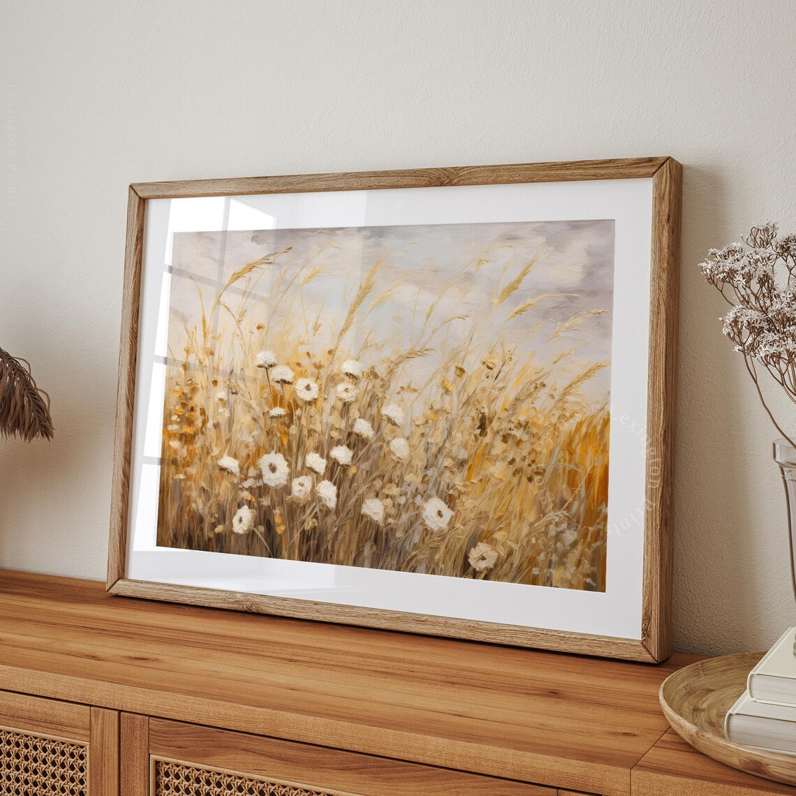Golden Wheat Field White Wildflowers Impressionist Fall Meadow Painting Poster - Image 8