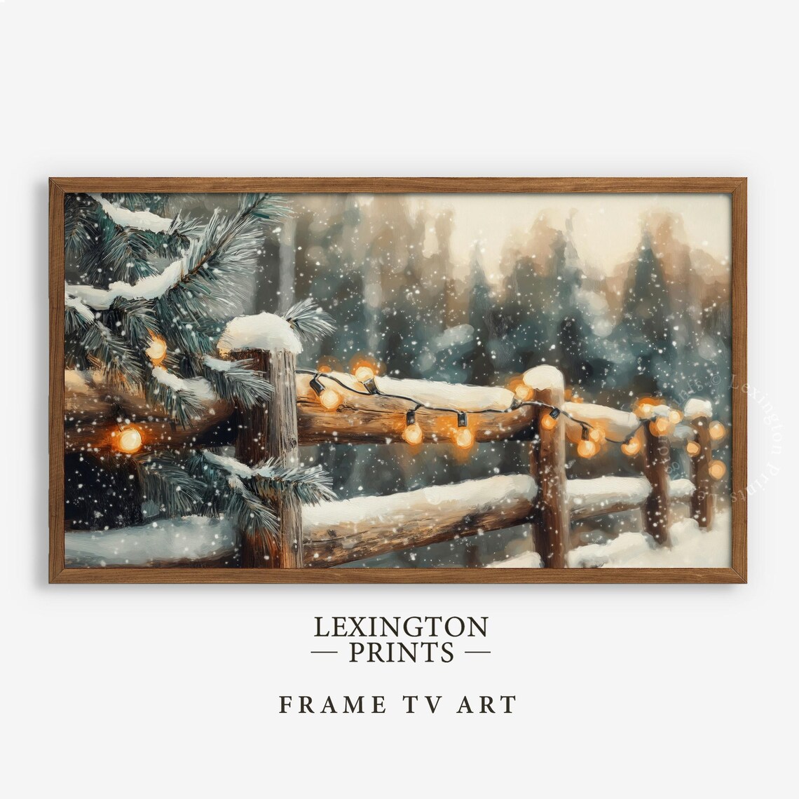 Snowy Wooden Fence with Warm String Lights Winter Frame TV Art Poster - Image 5